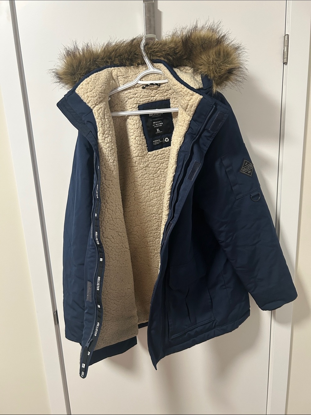 Hollister Navy Puffer Coat with Faux Fur-Trim Hood